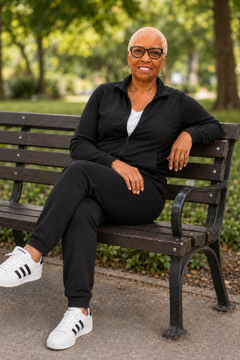 Sarah Chapman enjoys a gorgeous day sitting on a park bench